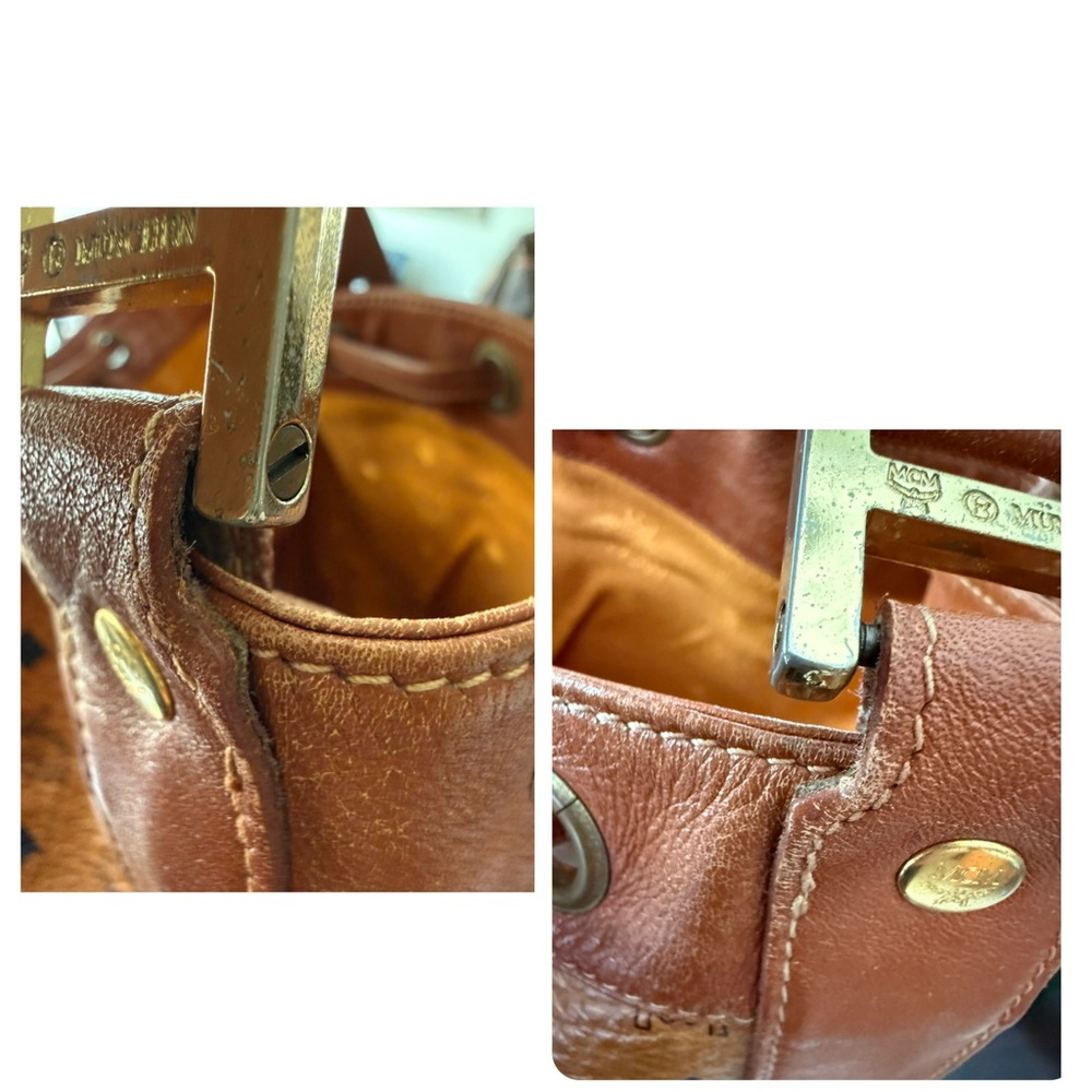 MCM München Cognac Visetos Drawstring Bucket Bag Vintage Leather Trim Crossbody - Picture 13 of 14